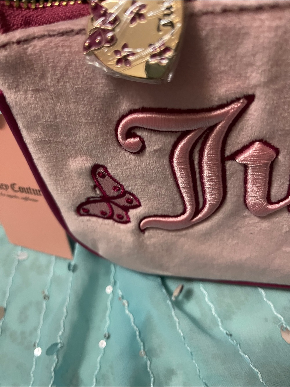 Juicy Couture Pink Velvet Cosmetic Pouch with Embroidered Butterfly